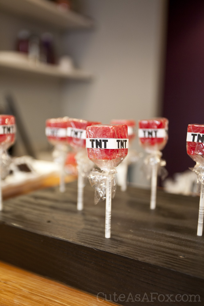 Minecraft Birthday Party - TNT Lollipops. Cinnamon old fashioned lollipops with a TNT wrapper. 