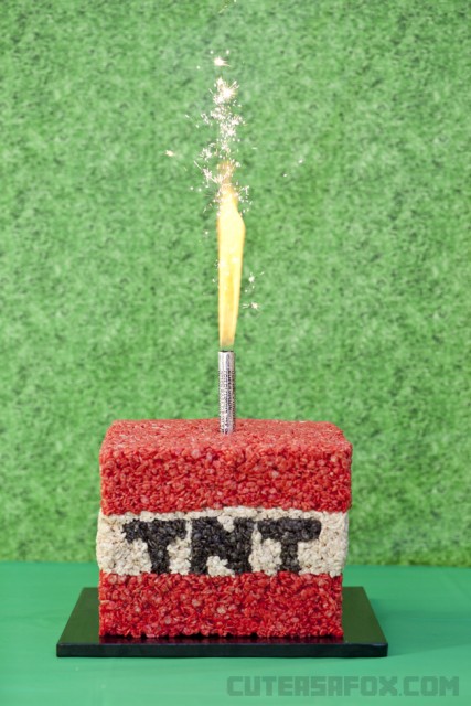 Minecraft Party TNT Sparkler Cake - Create a giant rice crispy TNT block and make it really shine with a cake sparkler. Minecraft fans young and old would love it for their Minecraft birthday.