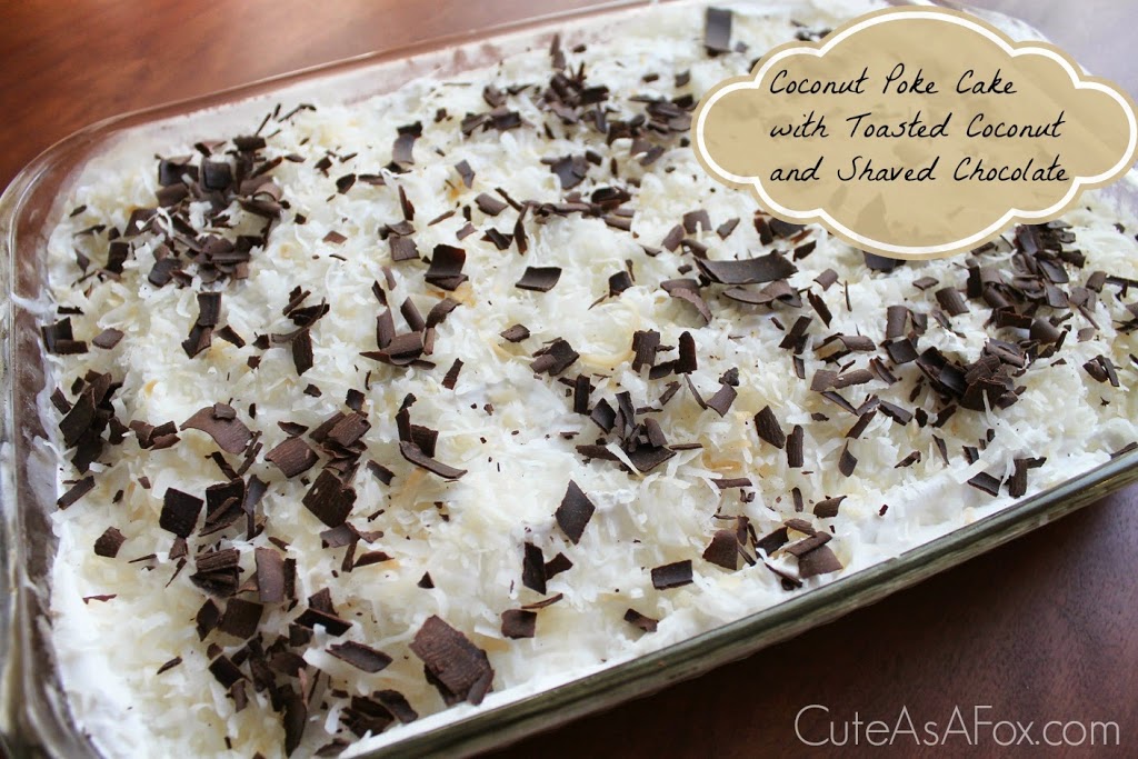 Coconut Poke Cake with Toasted Coconut and Shaved Chocolate